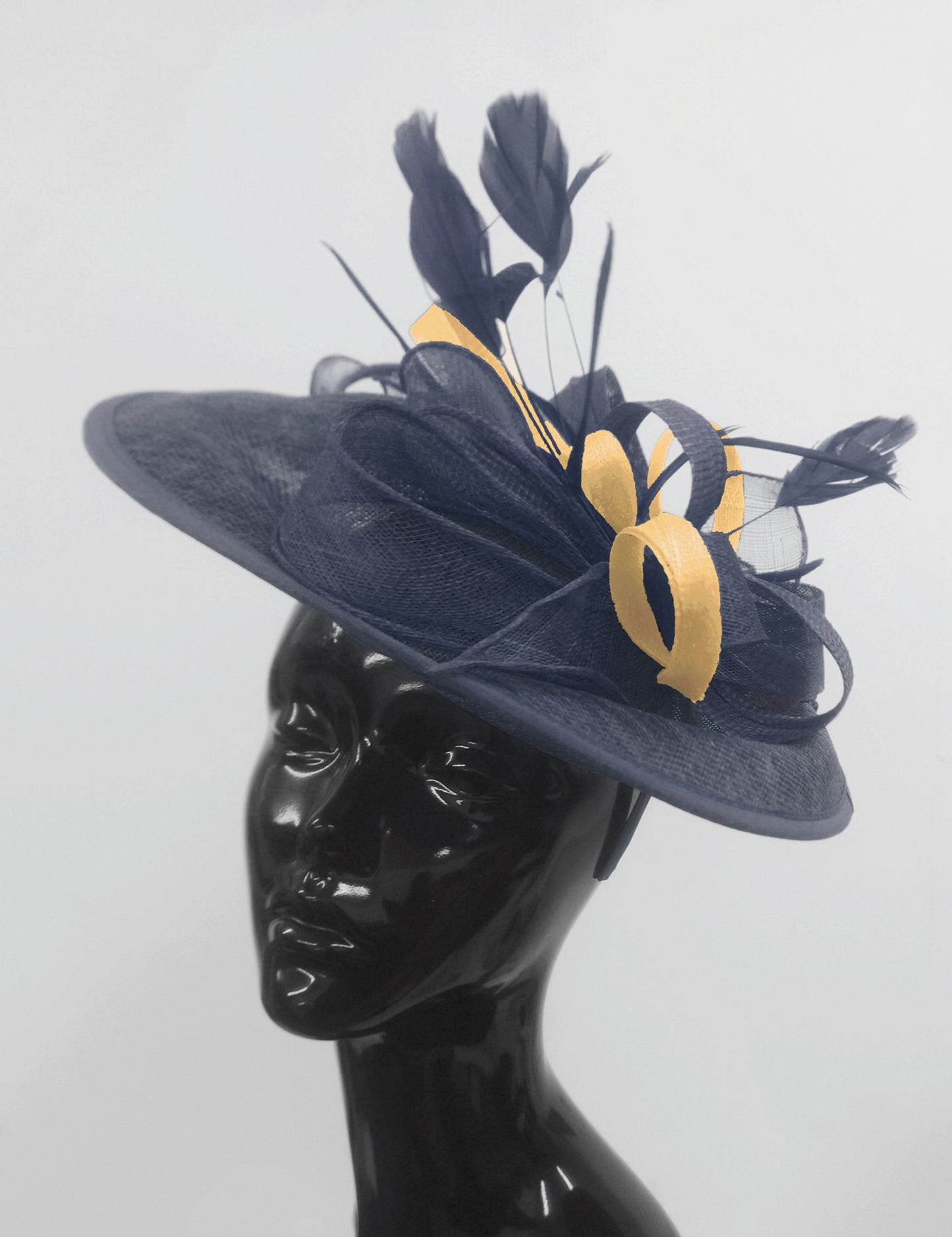 Caprilite Big Saucer Sinamay Navy Blue & Mustard Gold Mixed Colour Fascinator On Headband