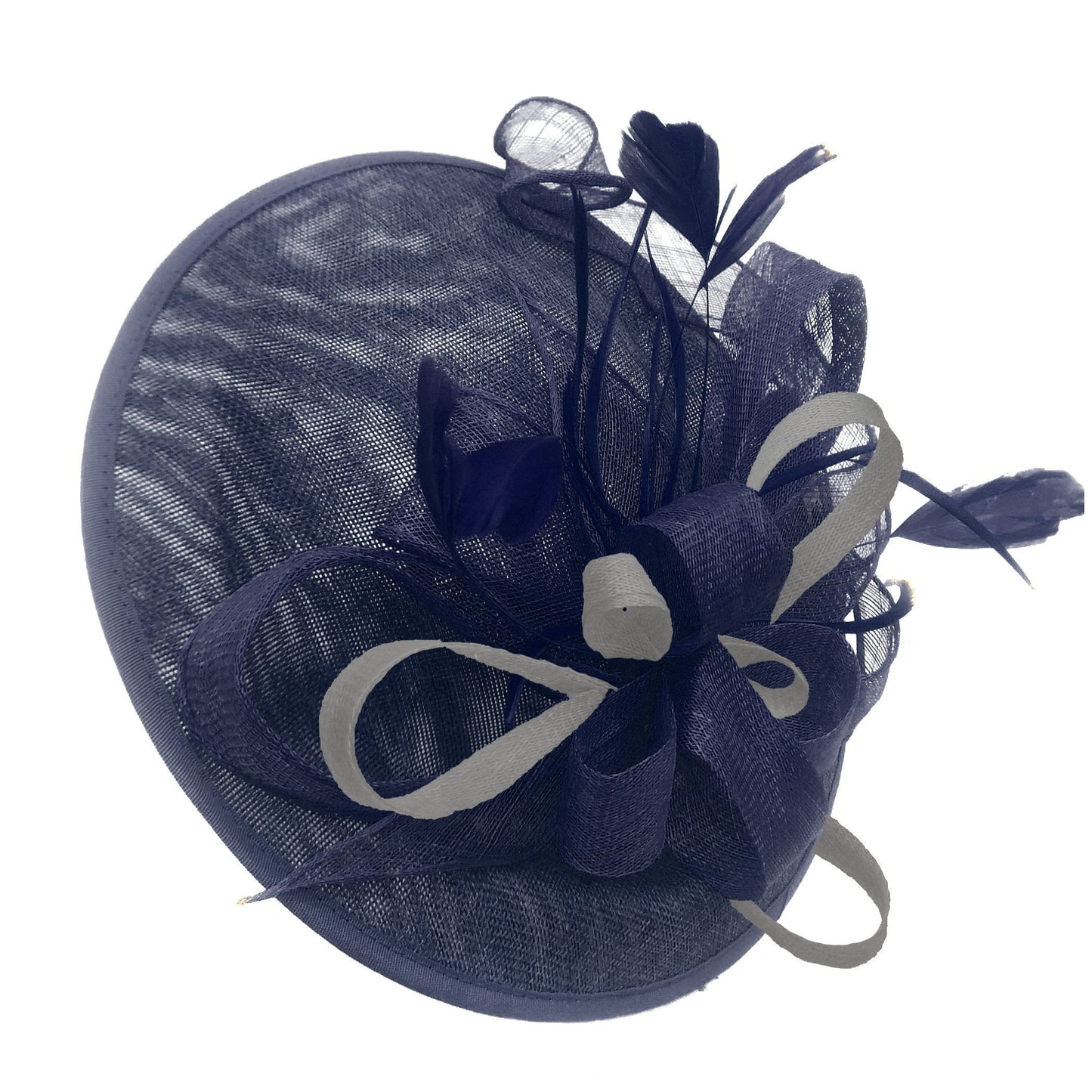 Caprilite Big Saucer Sinamay Navy Blue & Silver Grey Mixed Colour Fascinator On Headband