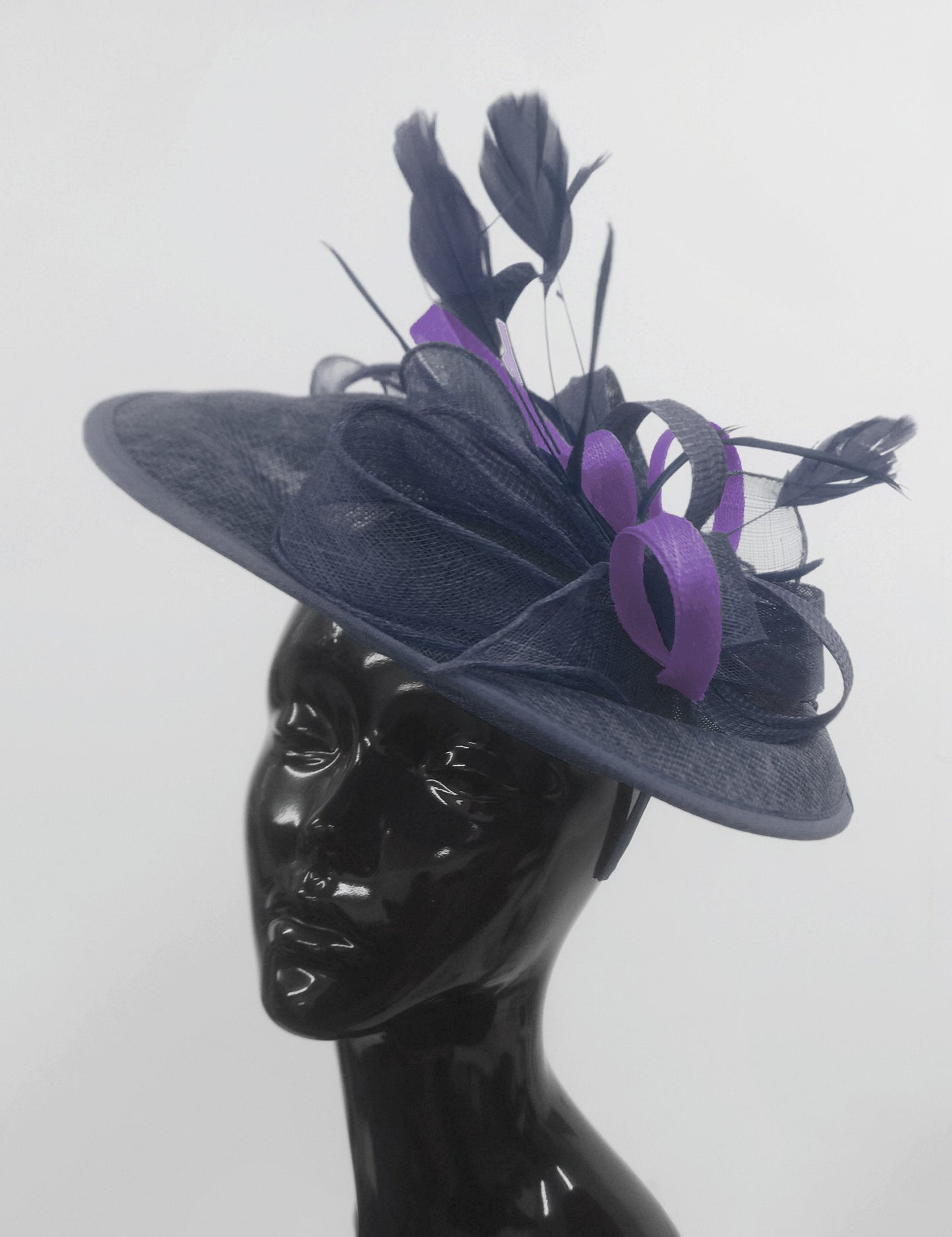 Caprilite Big Saucer Sinamay Navy Blue & Lavender Purple Mixed Colour Fascinator On Headband