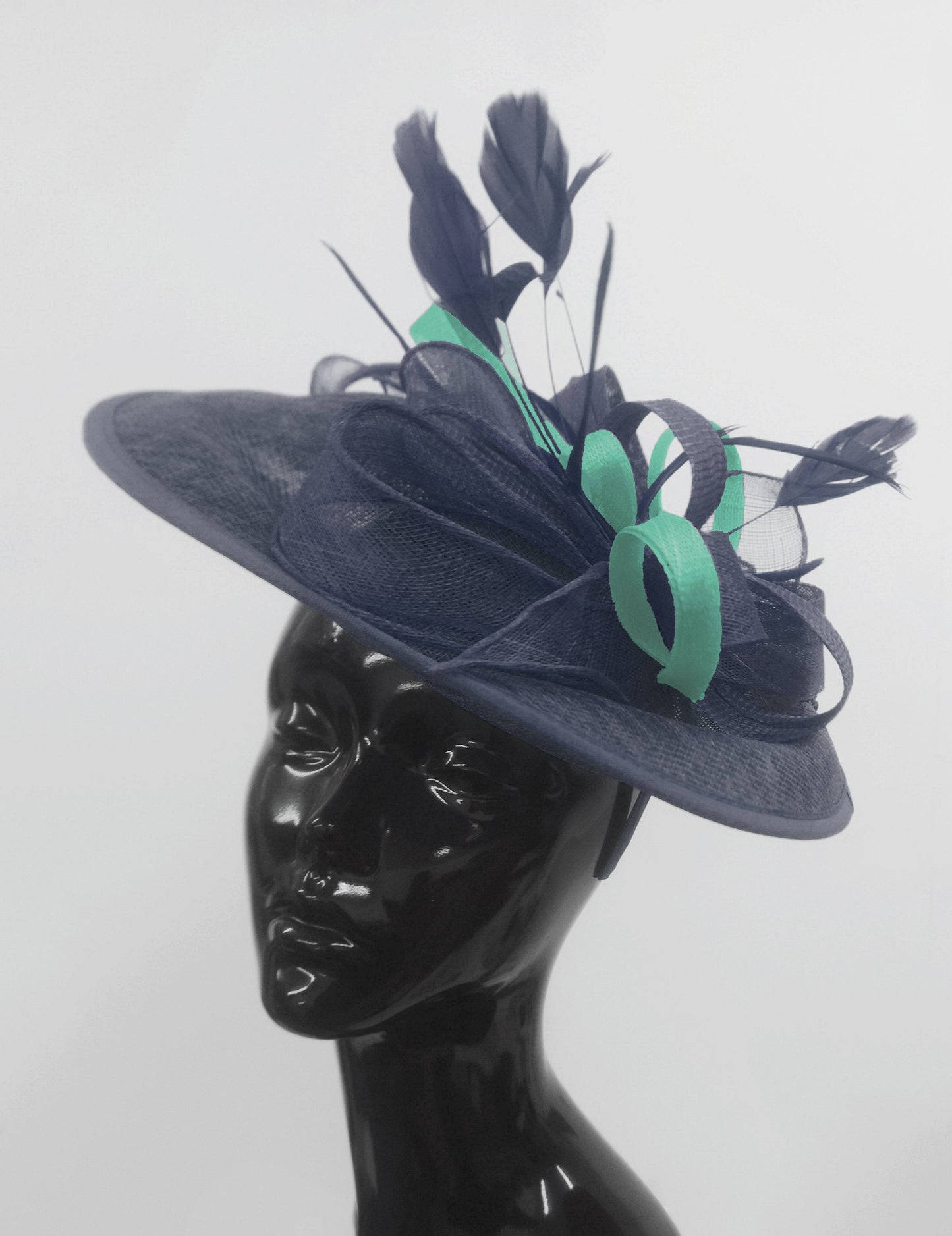 Caprilite Big Saucer Sinamay Navy Blue & Light Turquoise Mixed Colour Fascinator On Headband