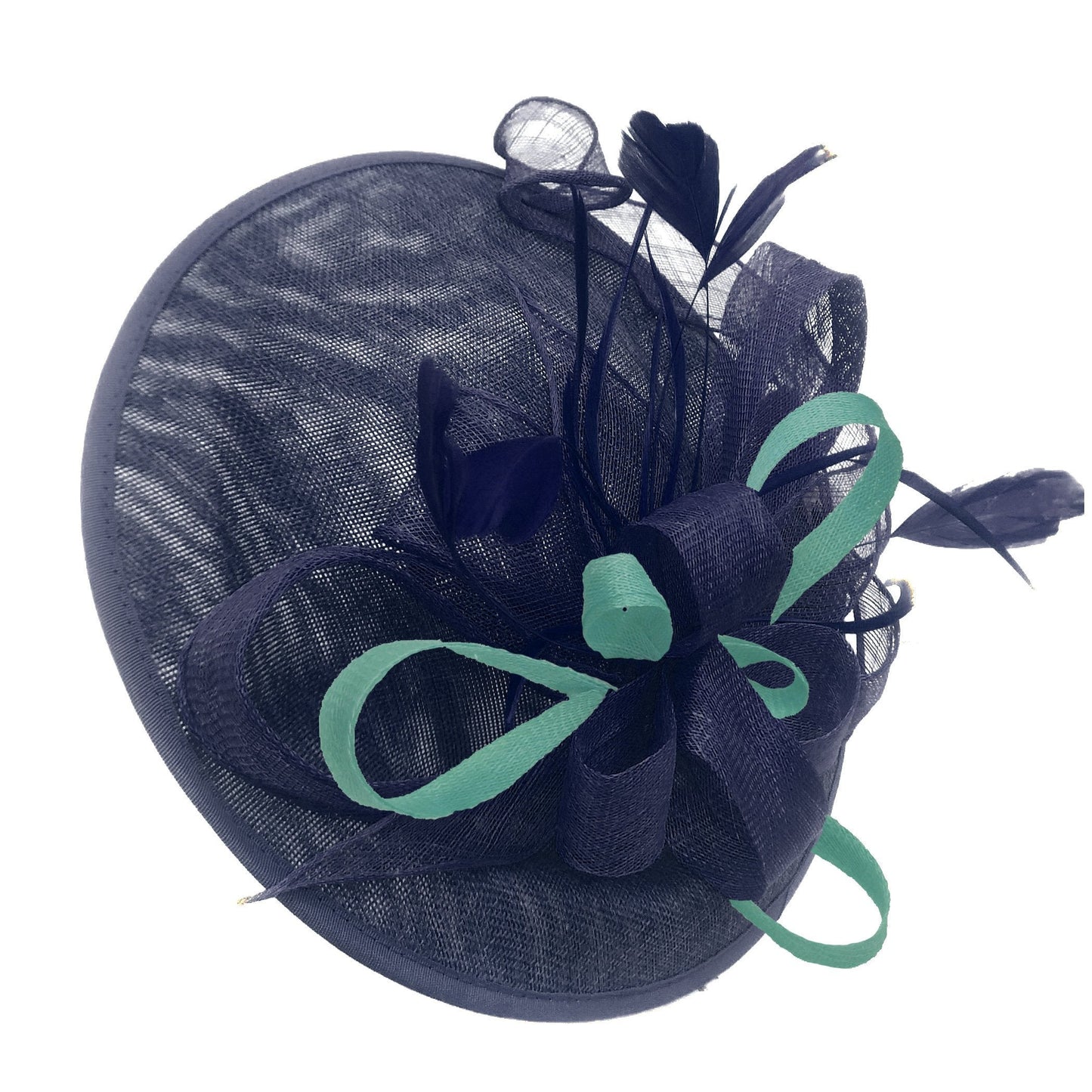 Caprilite Big Saucer Sinamay Navy Blue & Light Turquoise Mixed Colour Fascinator On Headband