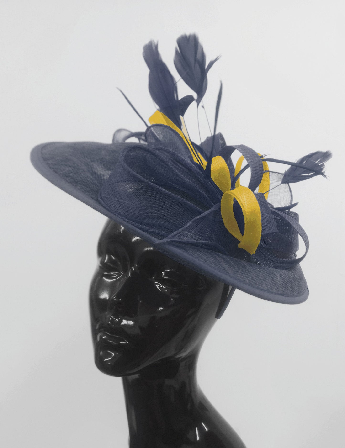 Caprilite Big Saucer Sinamay Navy Blue & Yellow Mixed Colour Fascinator On Headband