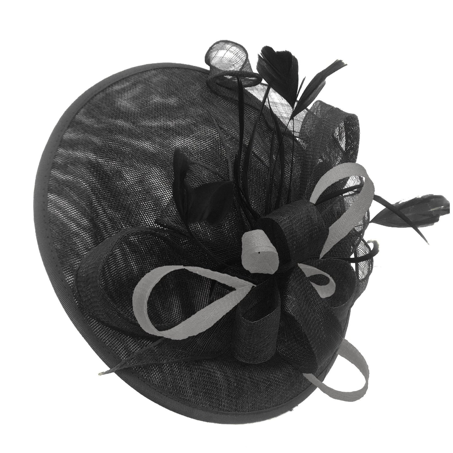 Caprilite Big Saucer Sinamay Black & Grey Silver Mixed Colour Fascinator On Narrow Headband