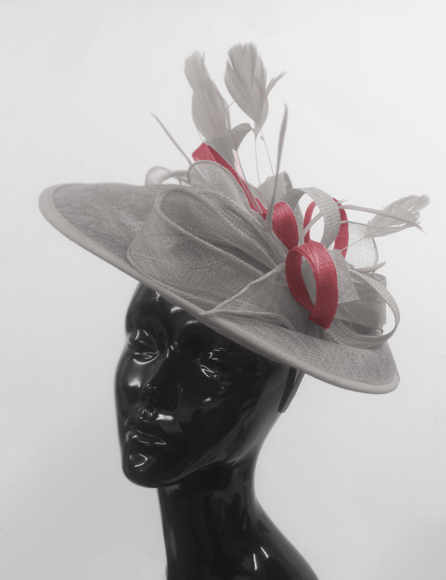 Caprilite Big Saucer Sinamay Silver Grey & Burgundy Mixed Colour Fascinator On Headband