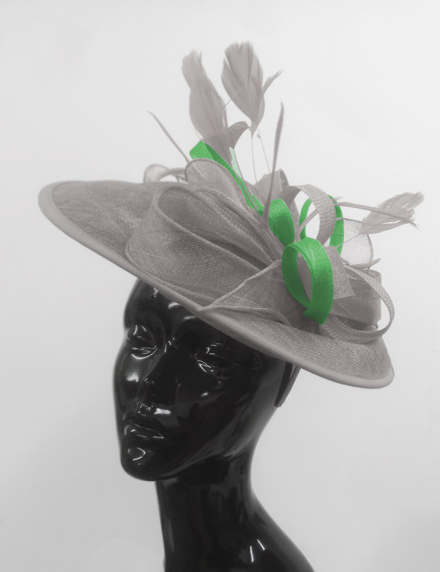 Caprilite Big Saucer Sinamay Silver Grey & Green Mixed Colour Fascinator On Headband