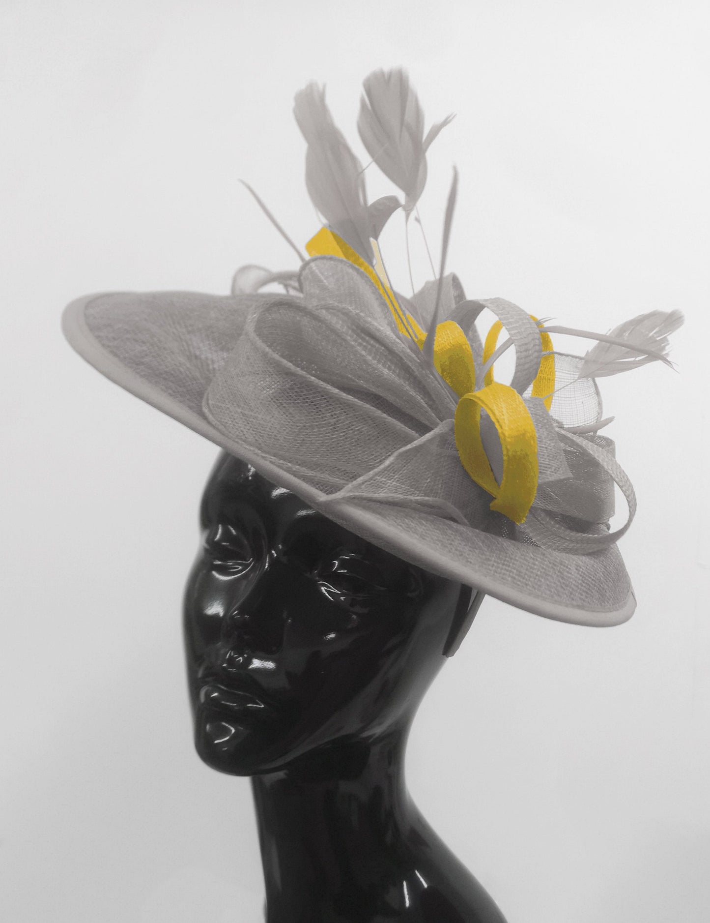 Caprilite Big Saucer Sinamay Silver Grey & Yellow Mixed Colour Fascinator On Headband