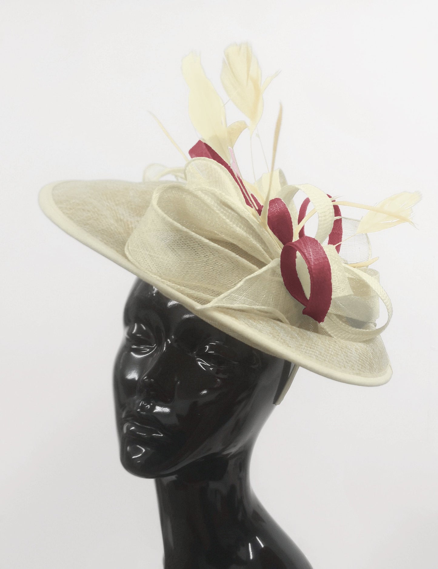 Caprilite Big Saucer Sinamay Cream Ivory & Burgundy Mixed Colour Fascinator On Headband