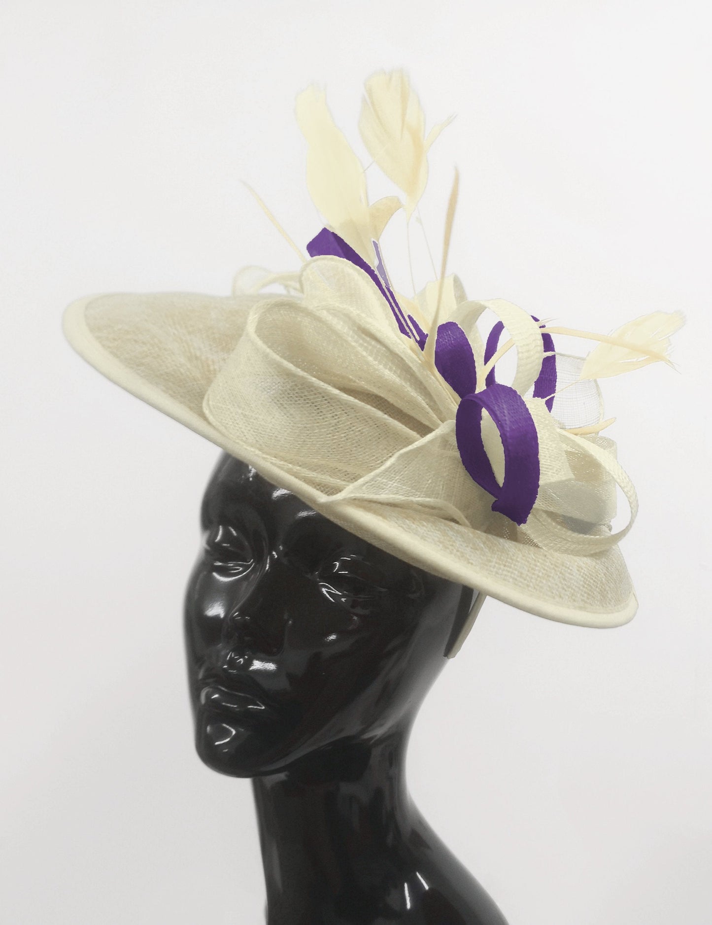 Caprilite Big Saucer Sinamay Cream Ivory & Dark Purple Mixed Colour Fascinator On Headband