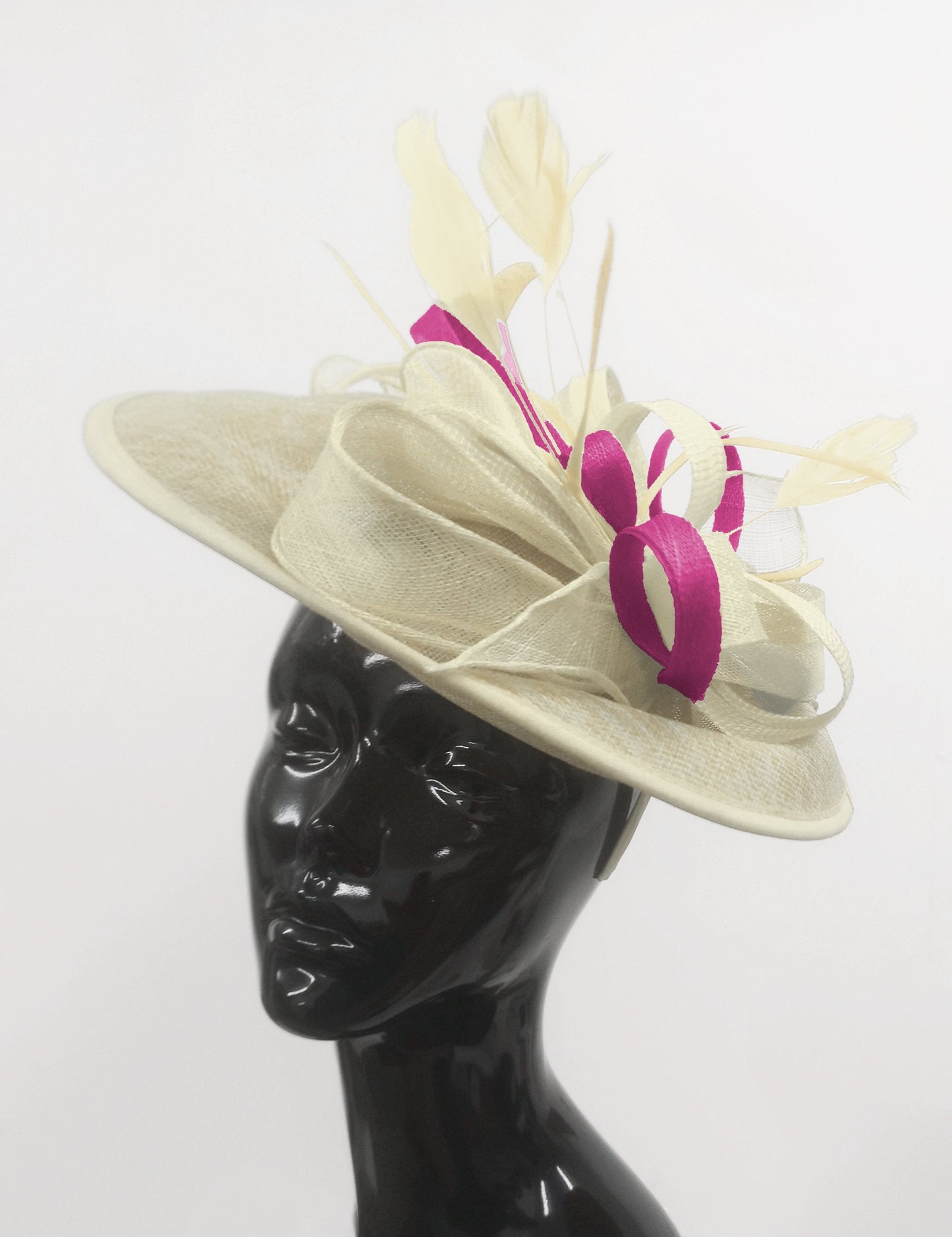 Caprilite Big Saucer Sinamay Cream Ivory & Fuchsia Hot Pink Mixed Colour Fascinator On Headband