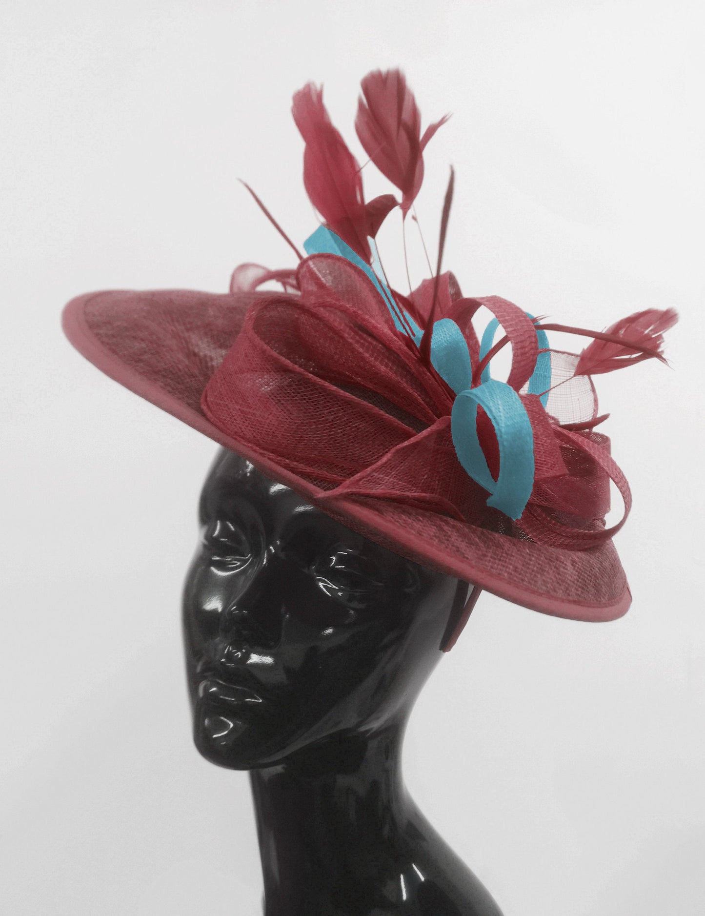 Caprilite Big Saucer Sinamay Burgundy & Light Blue Mixed Colour Fascinator On Headband