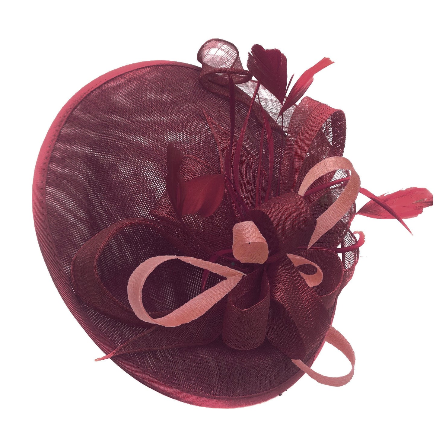 Caprilite Big Saucer Sinamay Burgundy & Dusty Pink Mixed Colour Fascinator On Headband