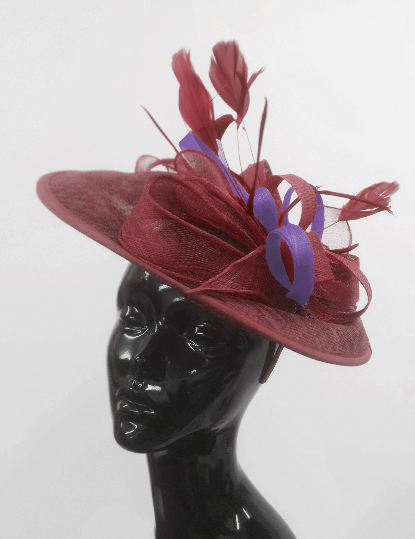 Caprilite Big Saucer Sinamay Burgundy & Lavender Purple Mixed Colour Fascinator On Headband