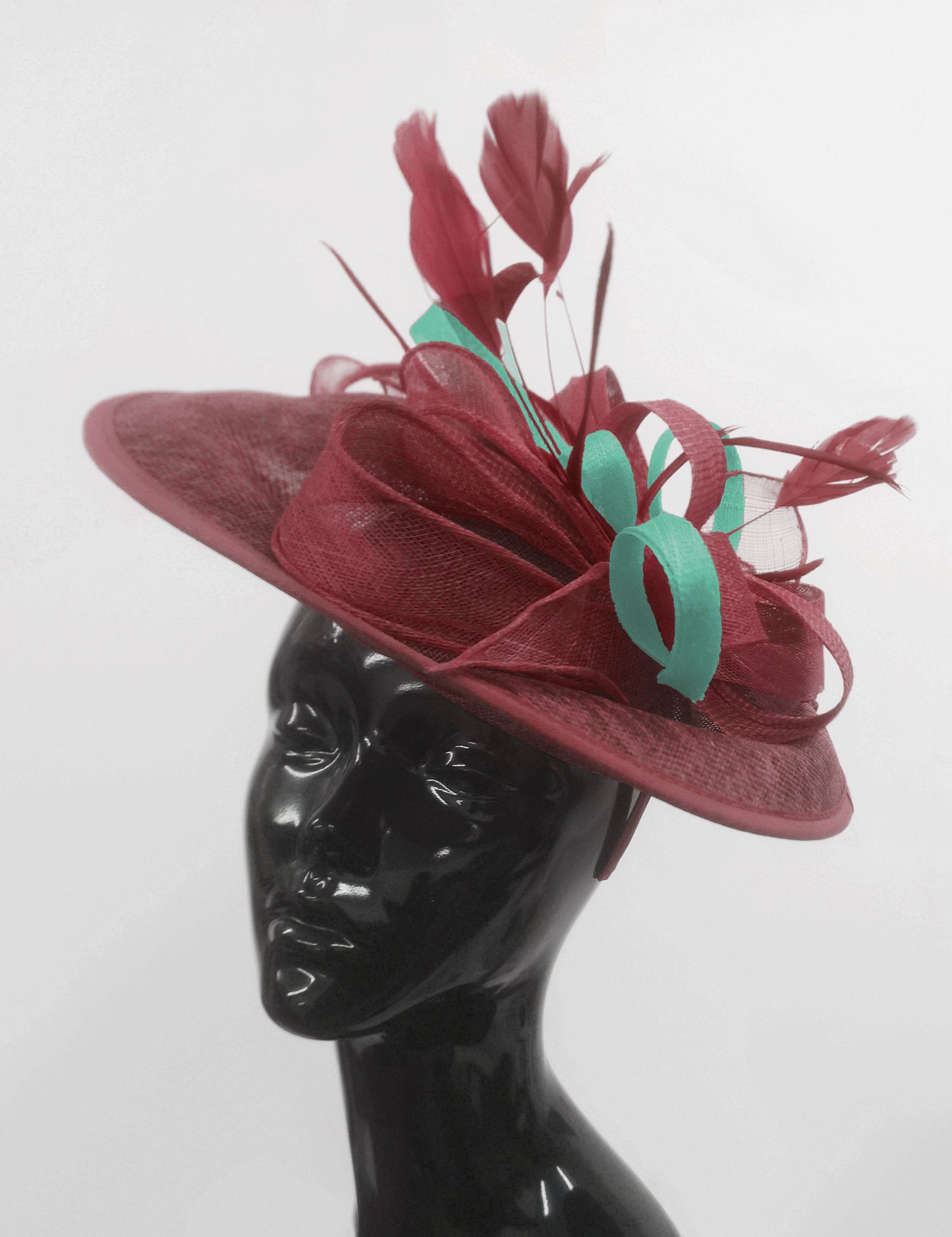 Caprilite Big Saucer Sinamay Burgundy & Light Turquoise Mixed Colour Fascinator On Headband
