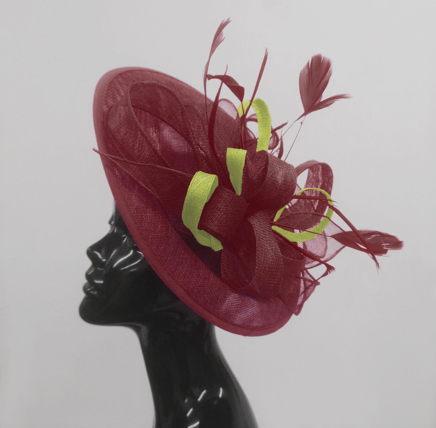 Caprilite Big Saucer Sinamay Burgundy & Lime Green Mixed Colour Fascinator On Headband
