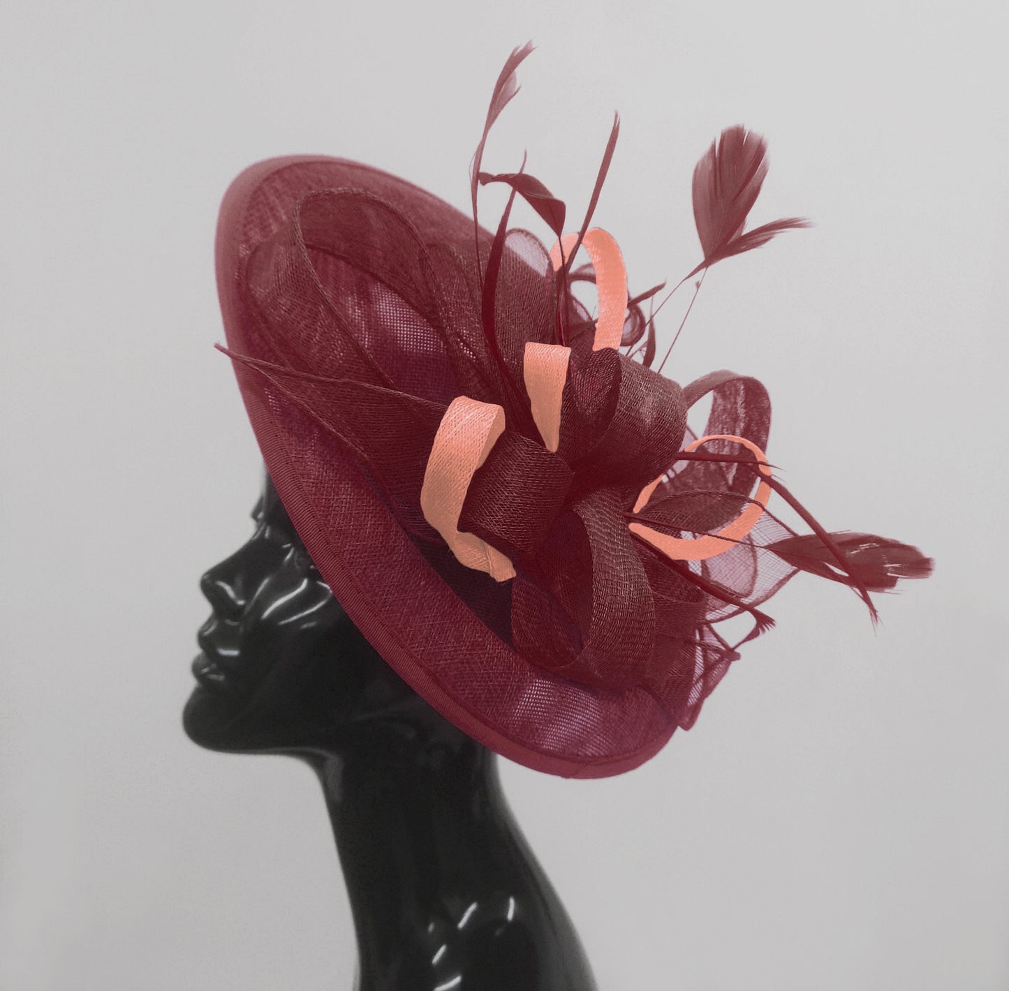 Caprilite Big Saucer Sinamay Burgundy & Peach Mixed Colour Fascinator On Headband