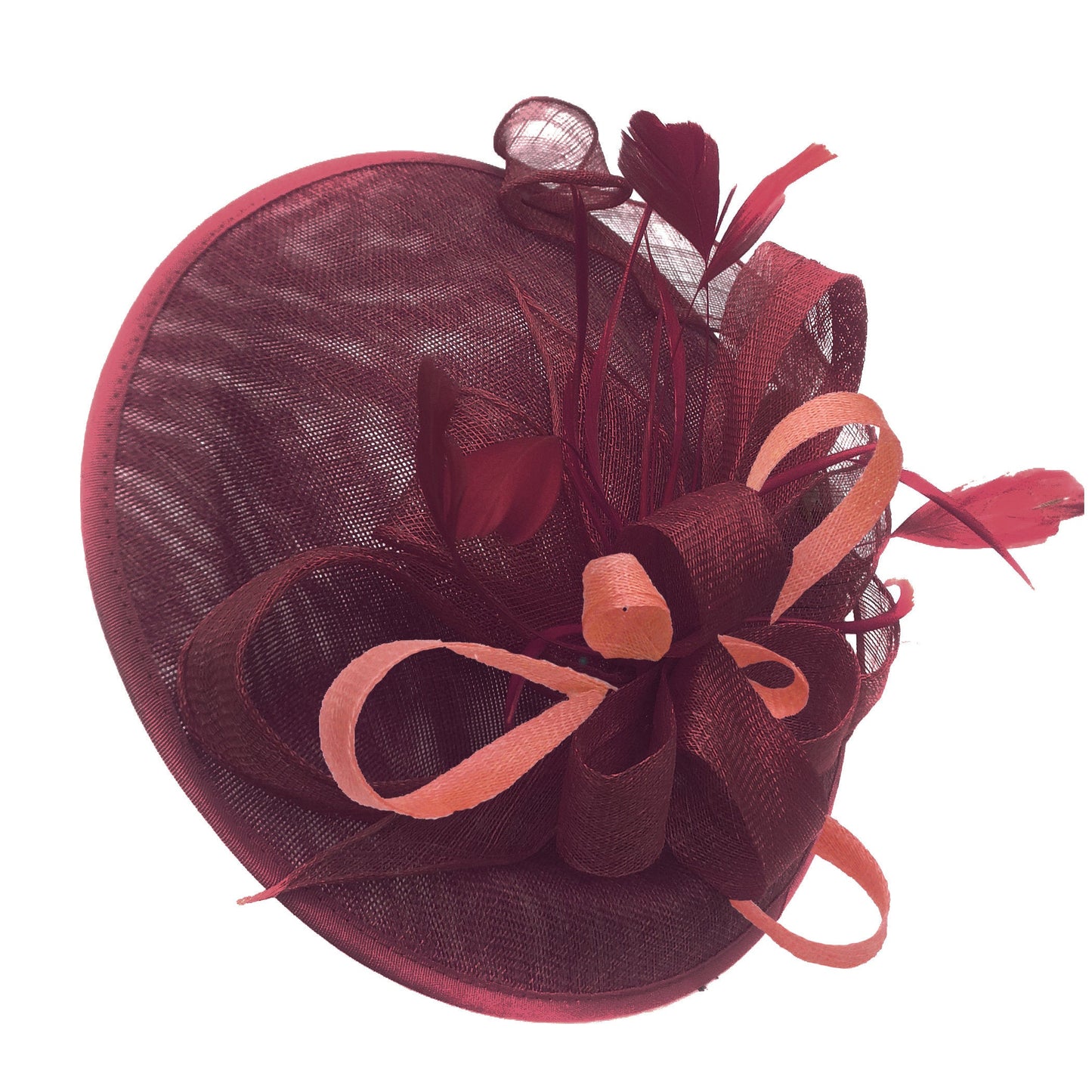 Caprilite Big Saucer Sinamay Burgundy & Peach Mixed Colour Fascinator On Headband