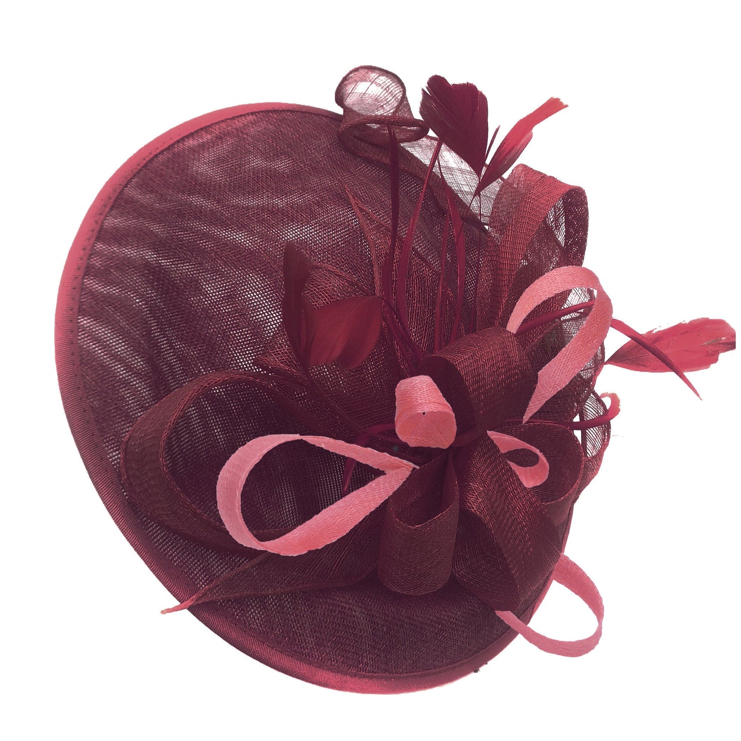 Caprilite Big Saucer Sinamay Burgundy & Baby Pink Mixed Colour Fascinator On Headband