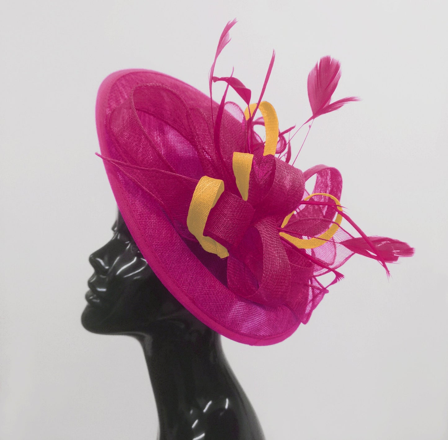 Caprilite Big Saucer Sinamay Fuchsia Hot Pink & Gold Mustard Mixed Colour Fascinator On Headband
