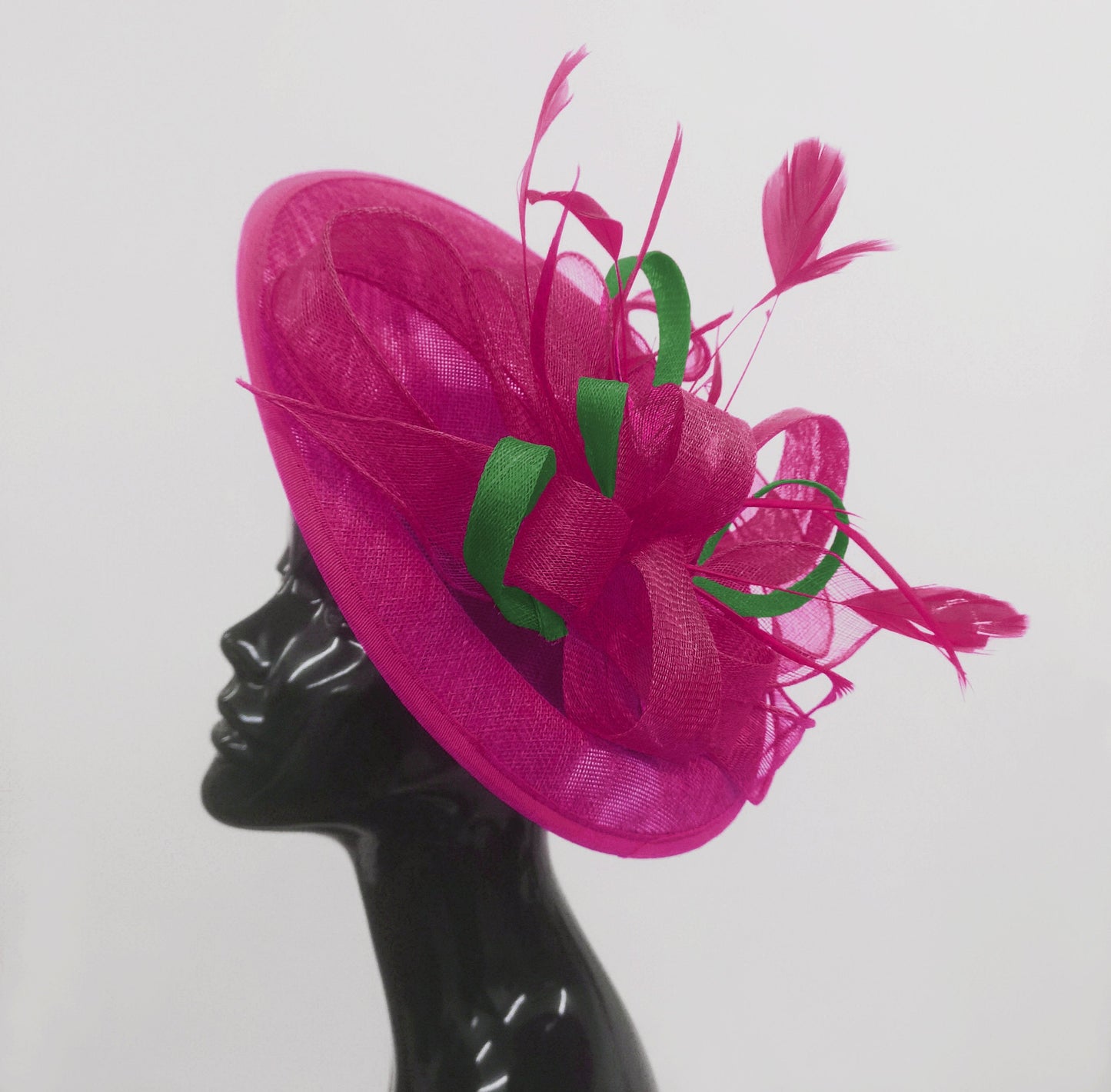 Caprilite Big Saucer Sinamay Fuchsia Hot Pink & Green Mixed Colour Fascinator On Headband