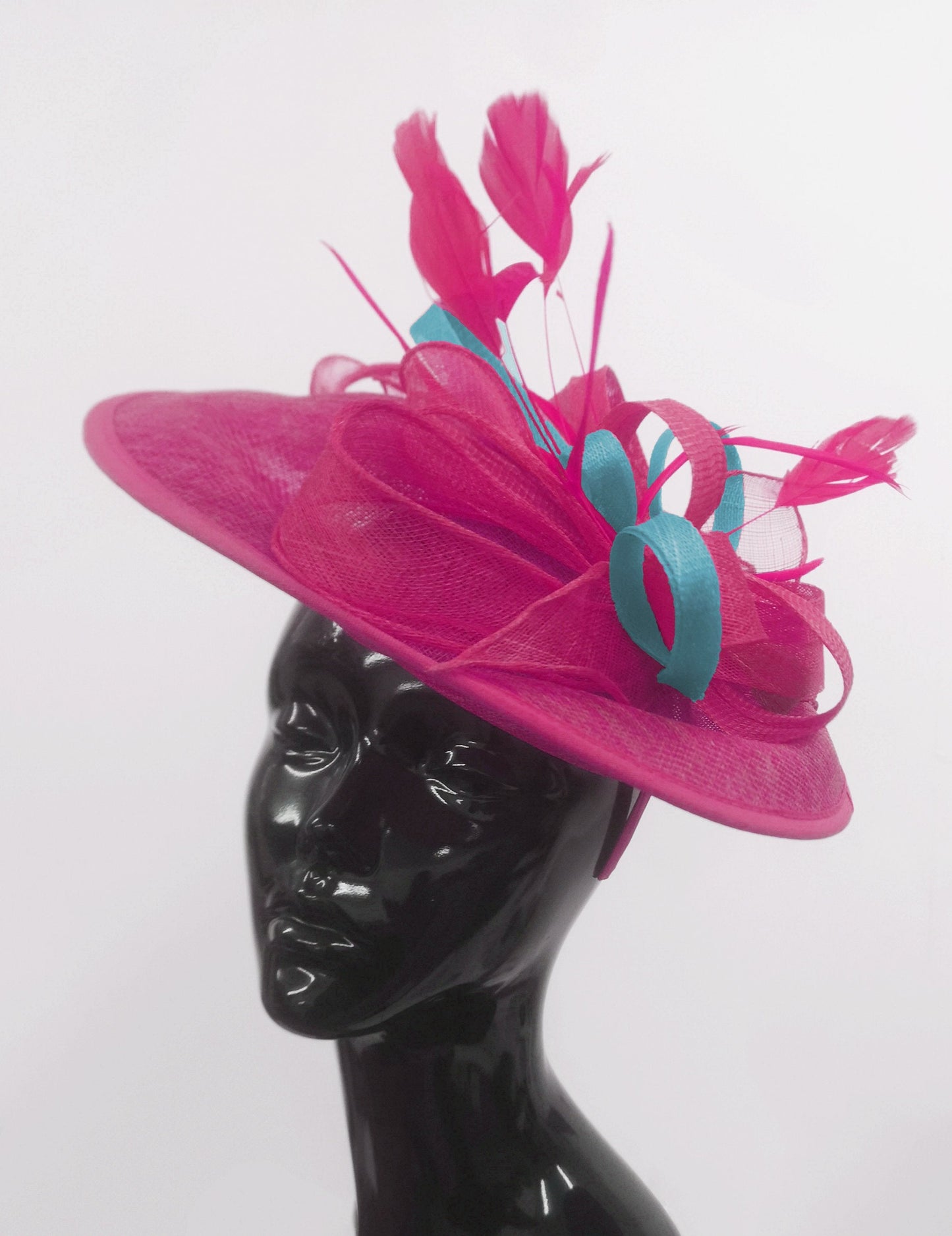 Caprilite Big Saucer Sinamay Fuchsia Hot Pink & Light Blue Mixed Colour Fascinator On Headband