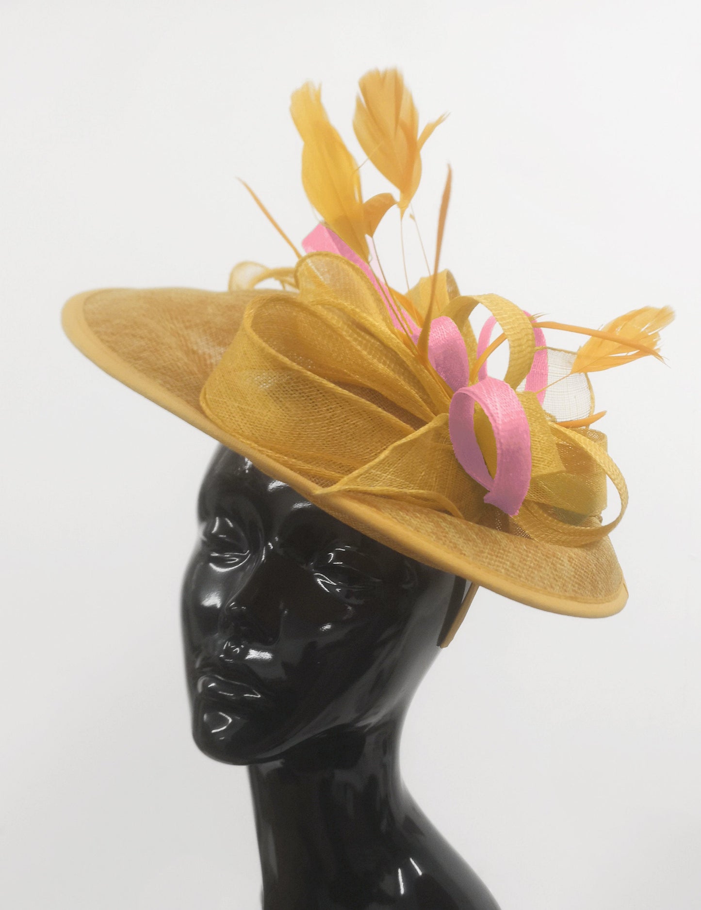 Caprilite Big Saucer Sinamay Gold Mustard & Baby Pink Mixed Colour Fascinator On Headband