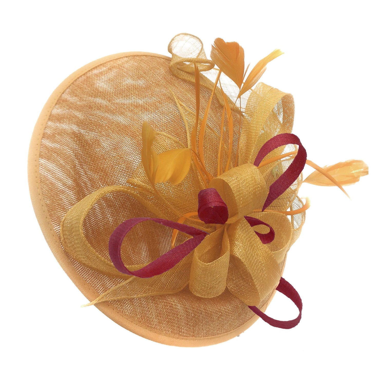 Caprilite Big Saucer Sinamay Gold Mustard & Burgundy Mixed Colour Fascinator On Headband