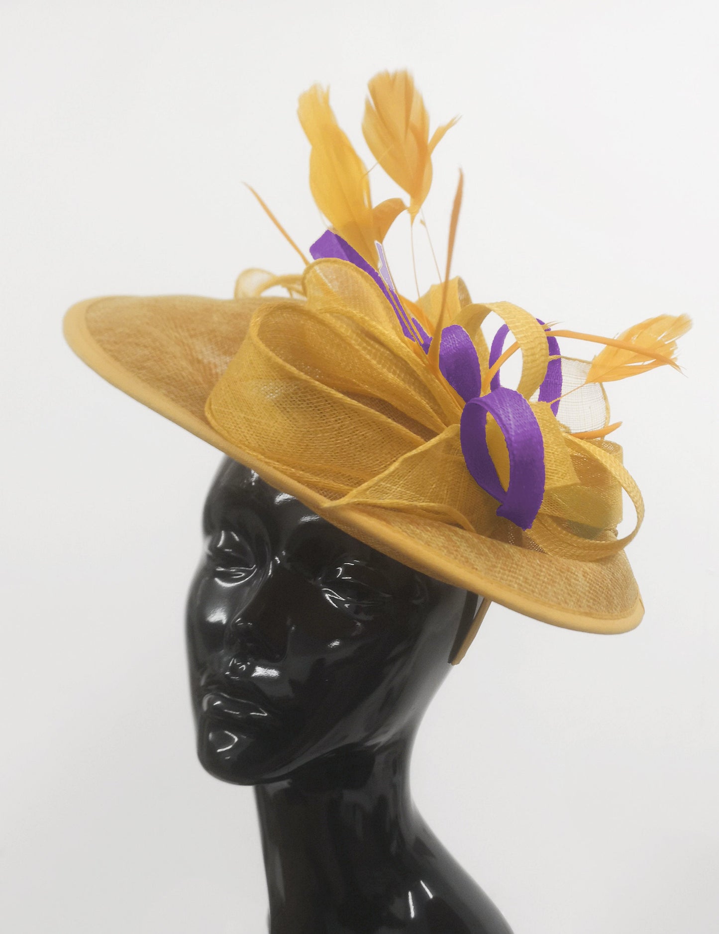 Caprilite Big Saucer Sinamay Gold Mustard & Cadbury Purple Mixed Colour Fascinator On Headband