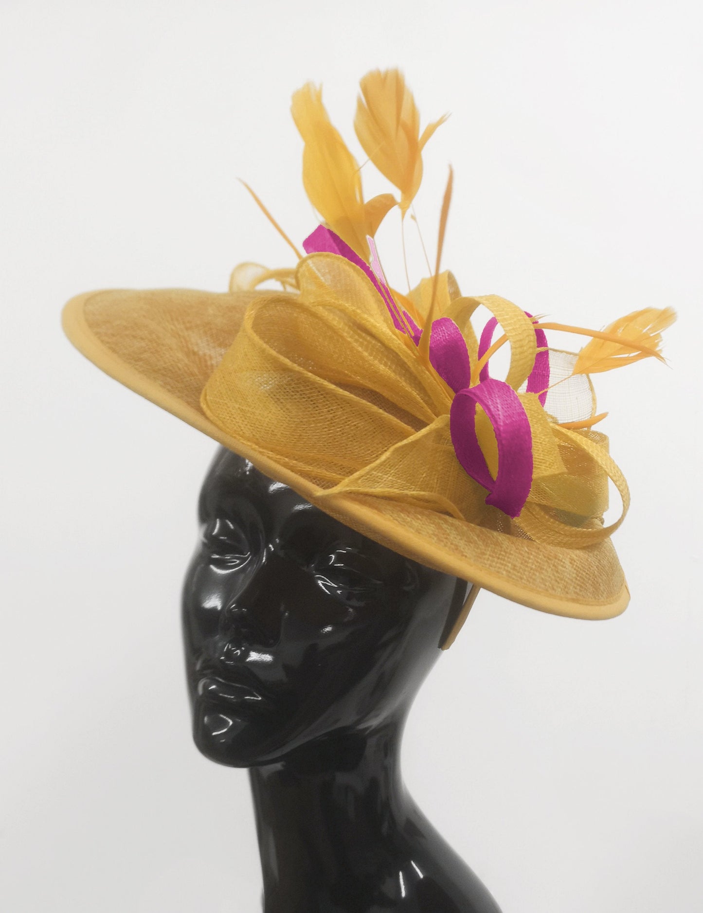 Caprilite Big Saucer Sinamay Gold Mustard & Fuchsia Mixed Colour Fascinator On Headband