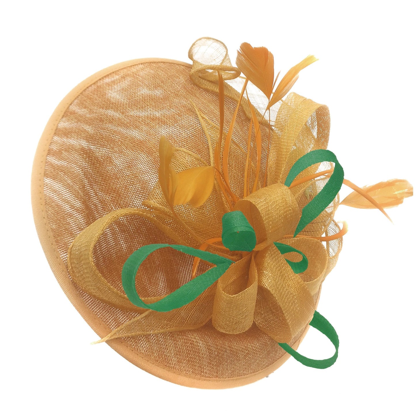 Caprilite Big Saucer Sinamay Gold Mustard & Green Mixed Colour Fascinator On Headband