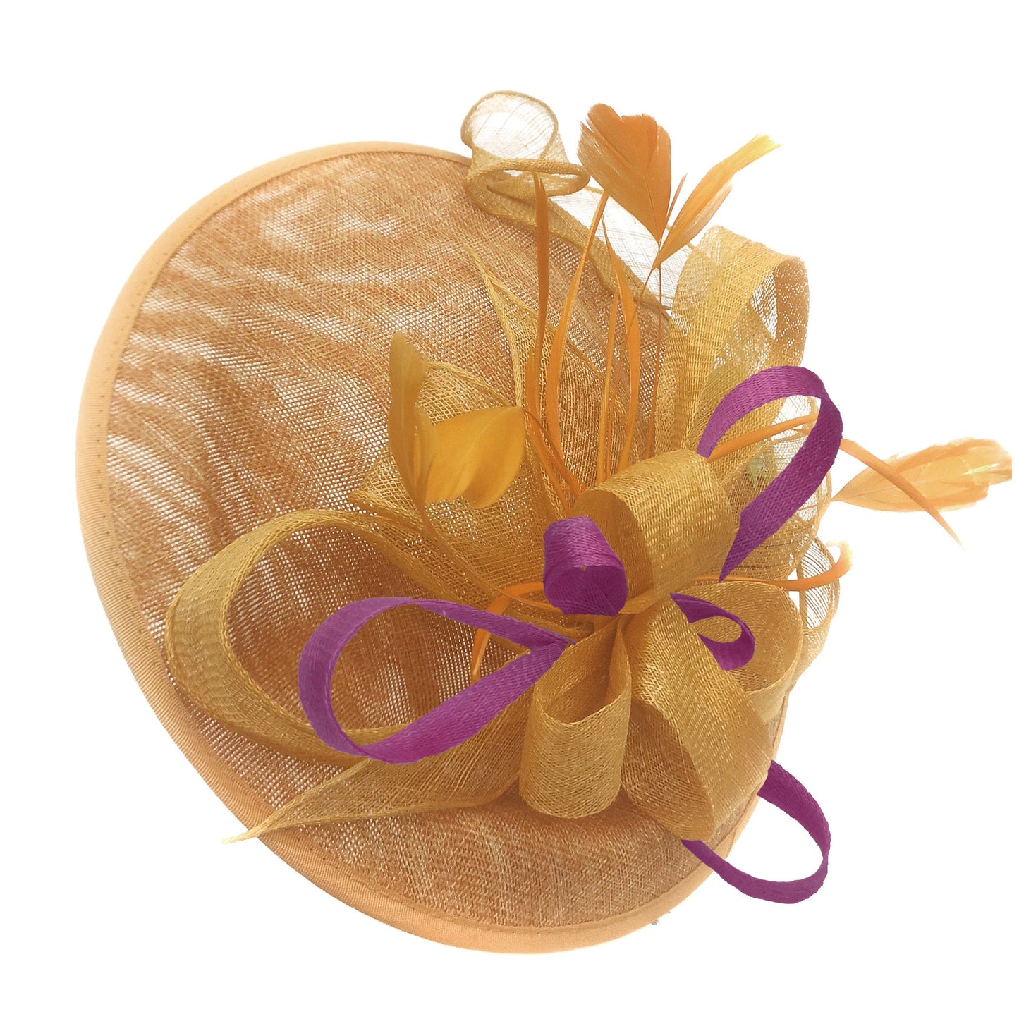 Caprilite Big Saucer Sinamay Gold Mustard & Plum Mixed Colour Fascinator On Headband