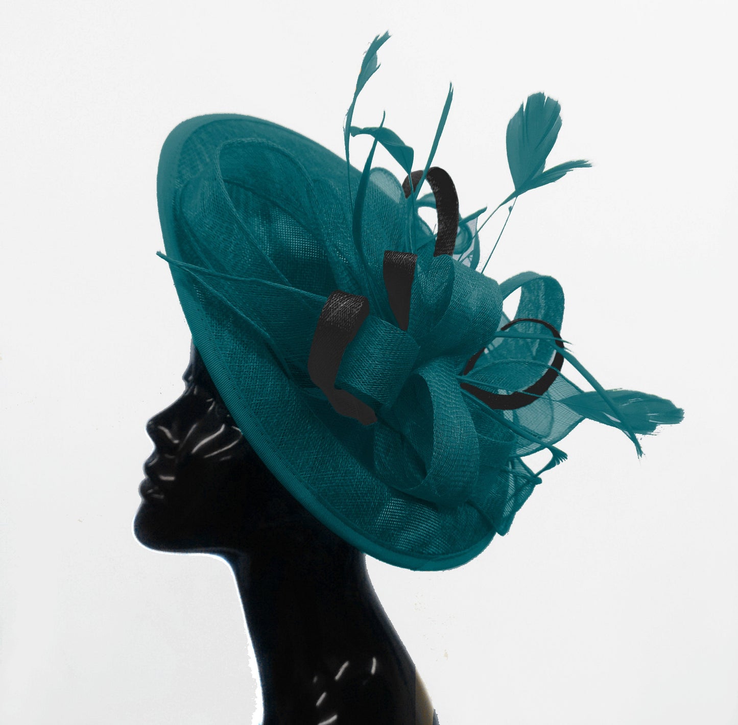 Caprilite Big Saucer Sinamay Teal Turquoise & Black Mixed Colour Fascinator On Headband