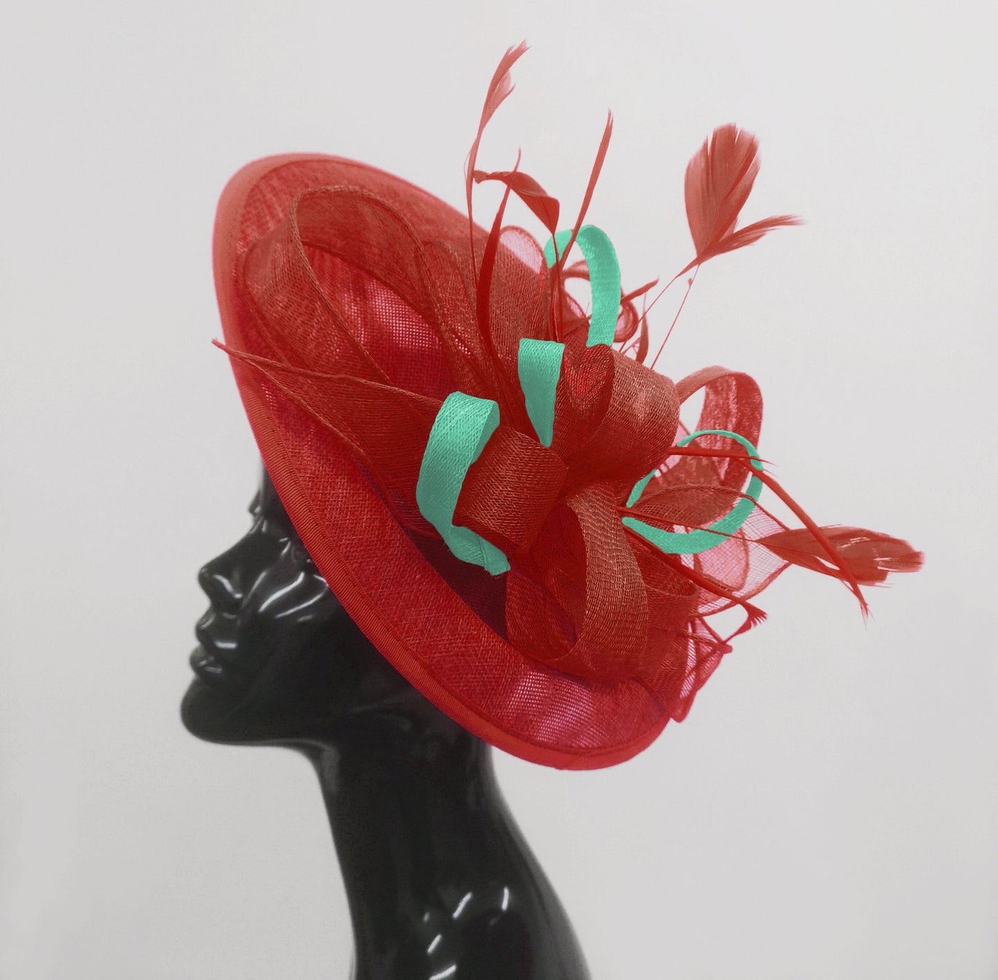 Caprilite Big Saucer Sinamay Red & Light Turquoise Mixed Colour Fascinator On Headband