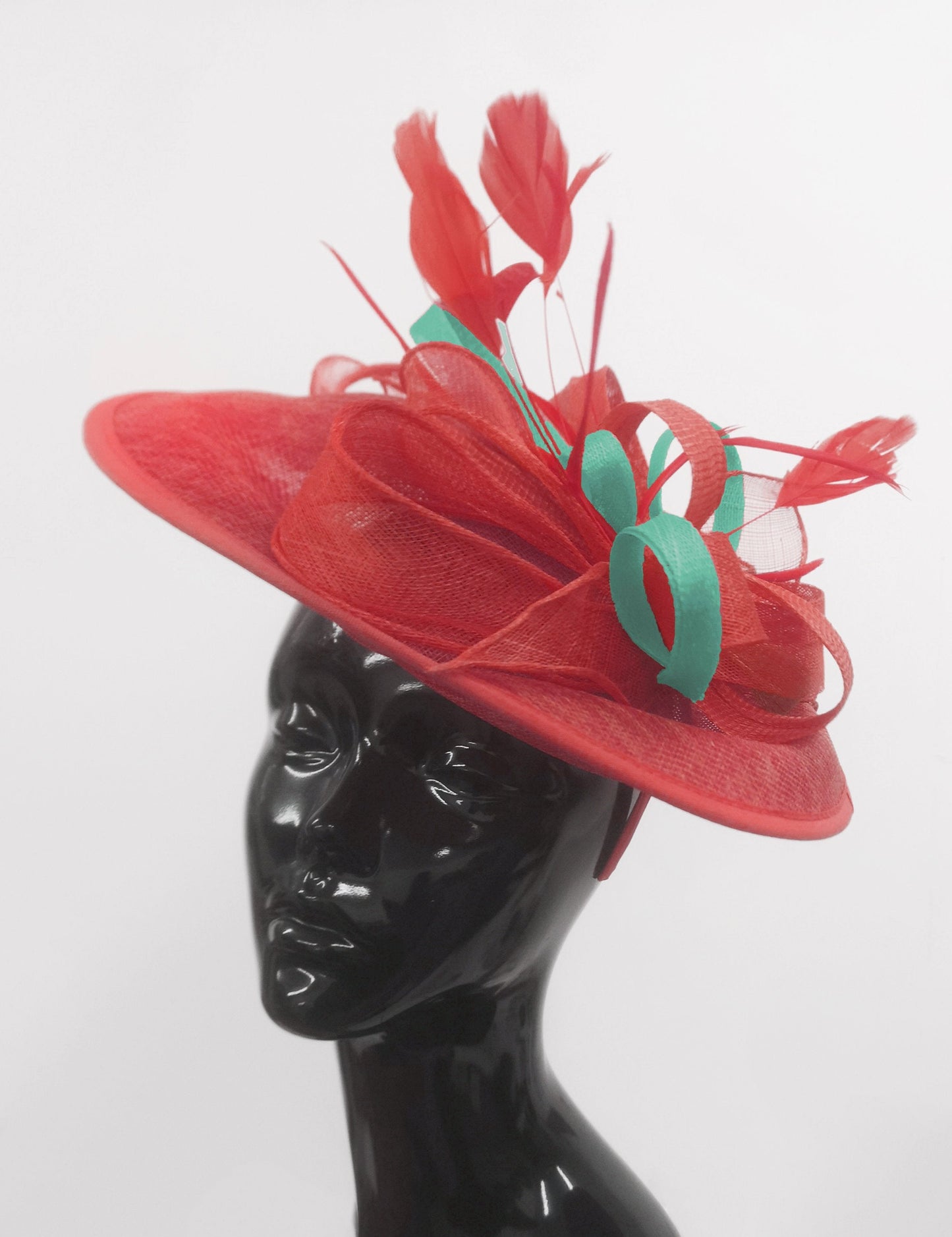Caprilite Big Saucer Sinamay Red & Light Turquoise Mixed Colour Fascinator On Headband