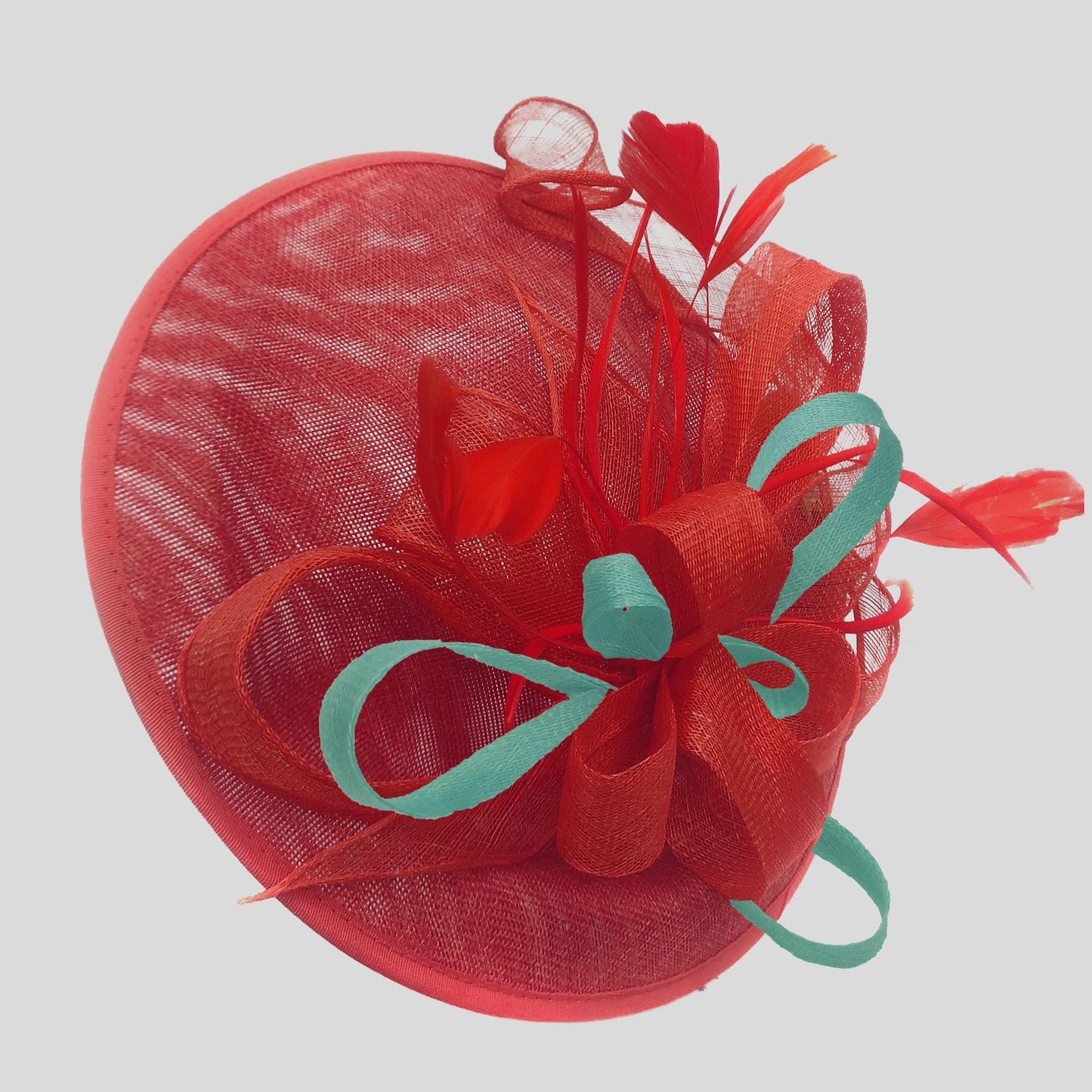 Caprilite Big Saucer Sinamay Red & Light Turquoise Mixed Colour Fascinator On Headband