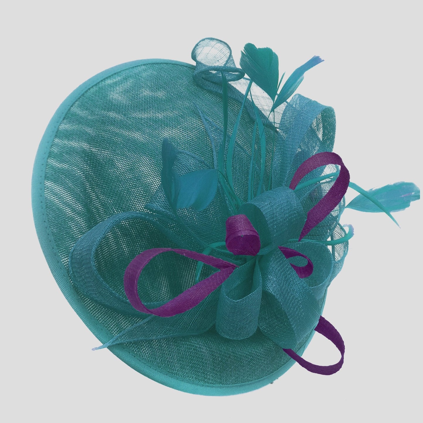 Caprilite Big Saucer Sinamay Teal Turquoise & Dark Purple Mixed Colour Fascinator On Headband
