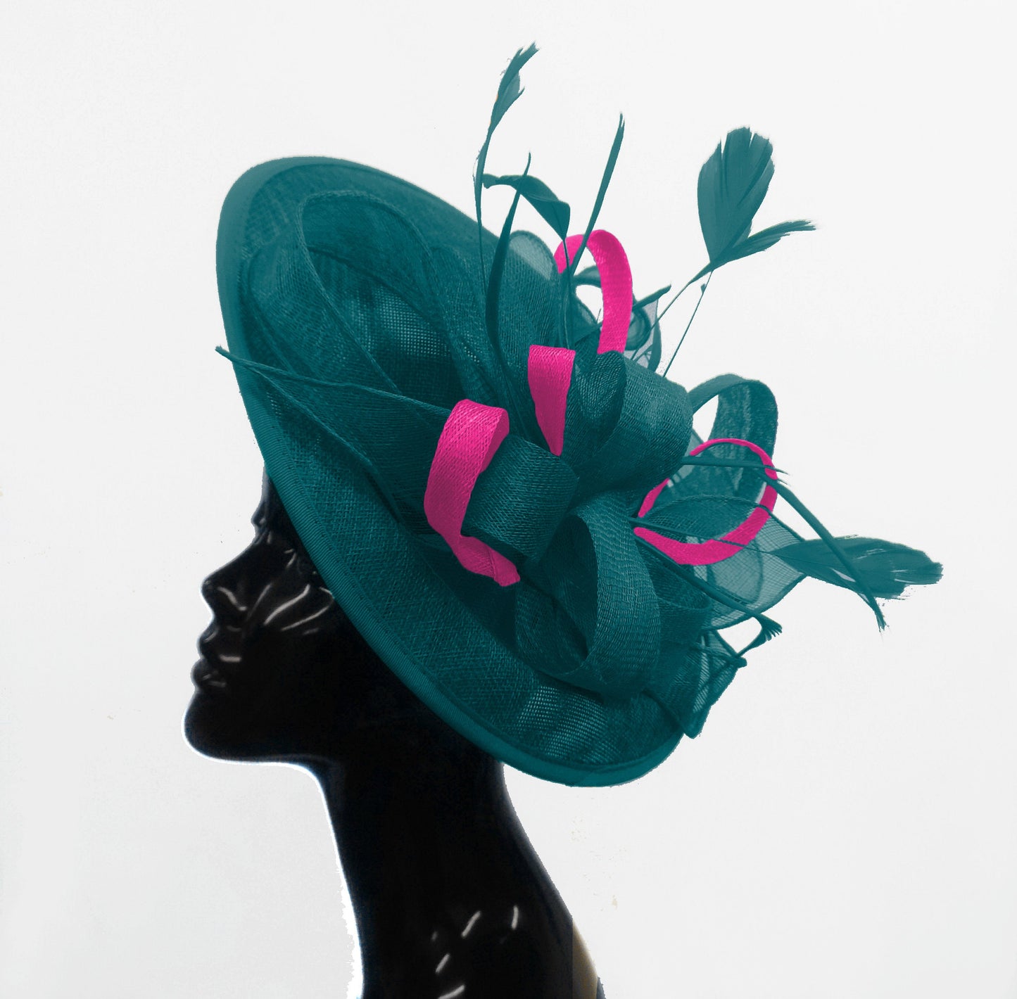 Caprilite Big Saucer Sinamay Teal Turquoise & Fuchsia Hot Pink Mixed Colour Fascinator On Headband