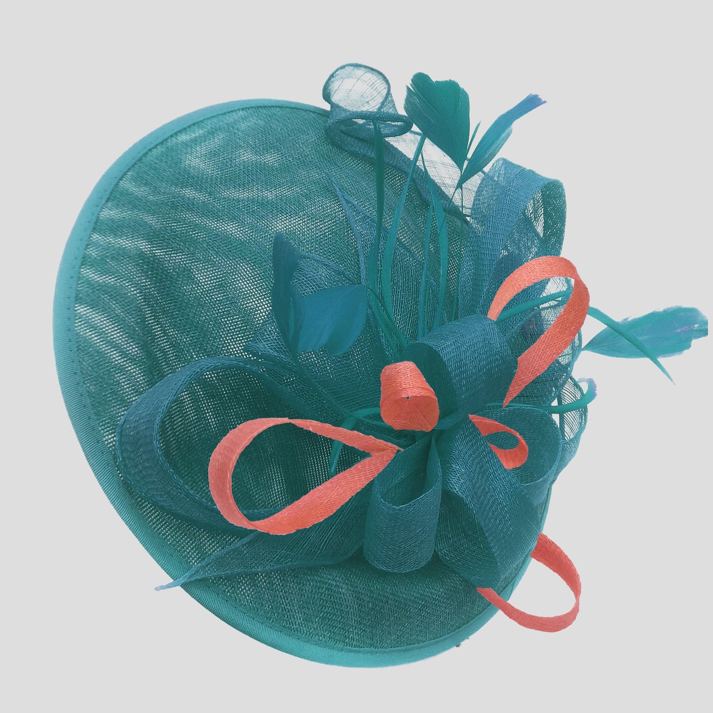 Caprilite Big Saucer Sinamay Teal Turquoise & Peach Mixed Colour Fascinator On Headband