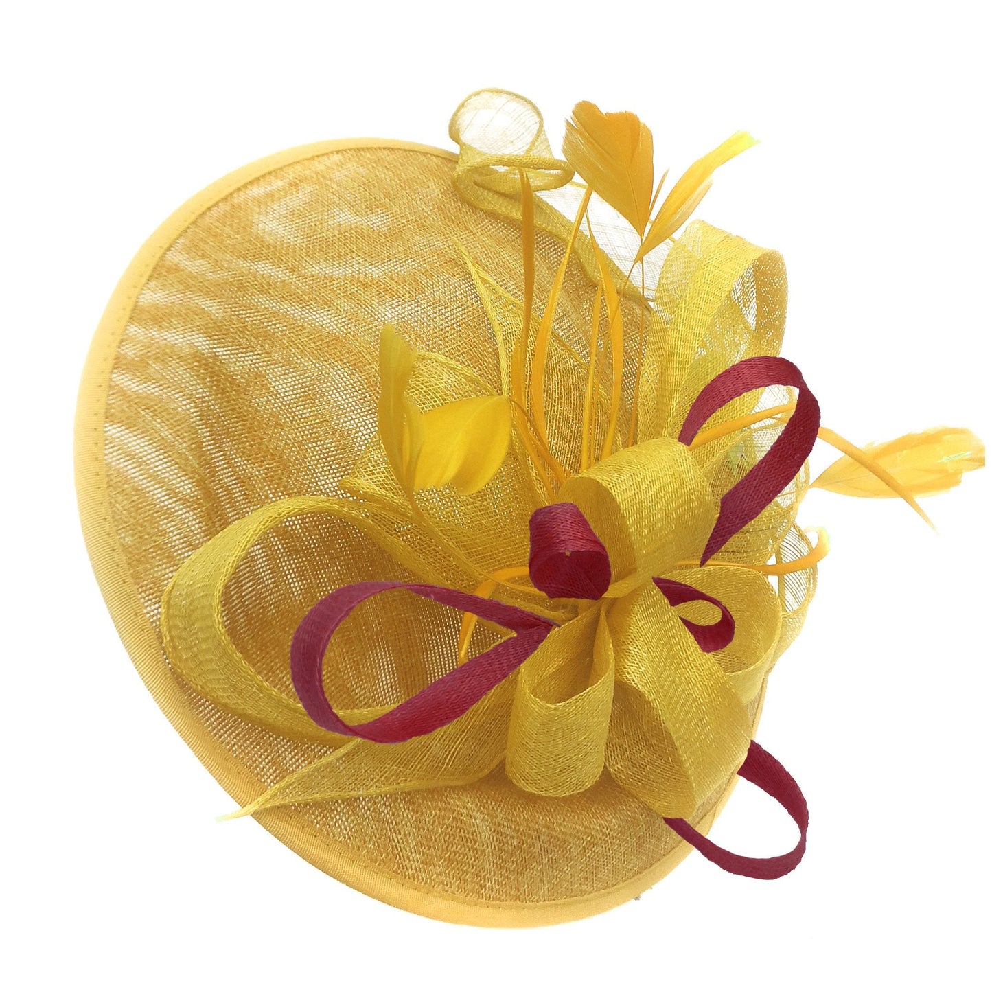 Caprilite Big Saucer Sinamay Yellow & Burgundy Mixed Colour Fascinator On Headband