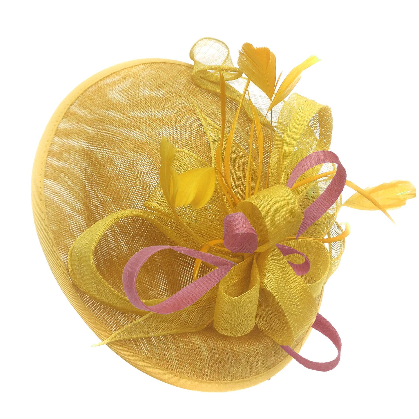 Caprilite Big Saucer Sinamay Yellow & Dusty Pink Mixed Colour Fascinator On Headband