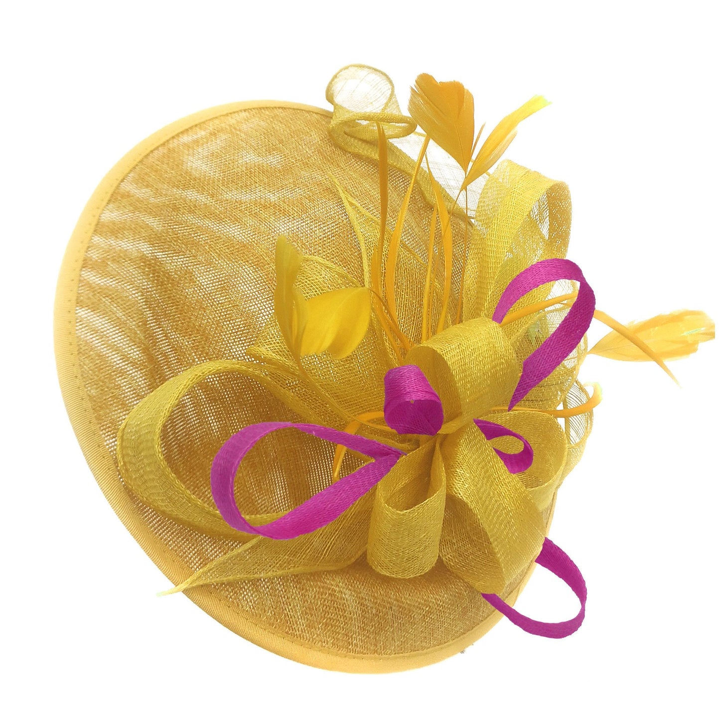 Caprilite Big Saucer Sinamay Yellow & Fuchsia Hot Pink Mixed Colour Fascinator On Headband