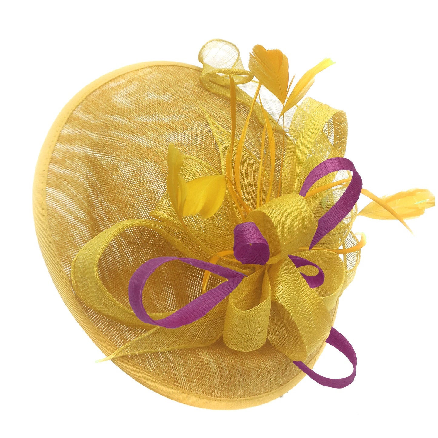 Caprilite Big Saucer Sinamay Yellow & Plum Mixed Colour Fascinator On Headband