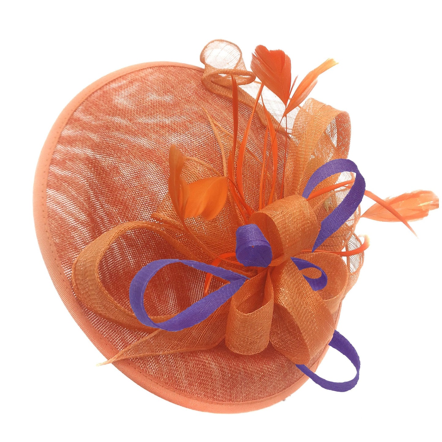 Caprilite Big Saucer Sinamay Orange & Lavender Purple Mixed Colour Fascinator On Headband