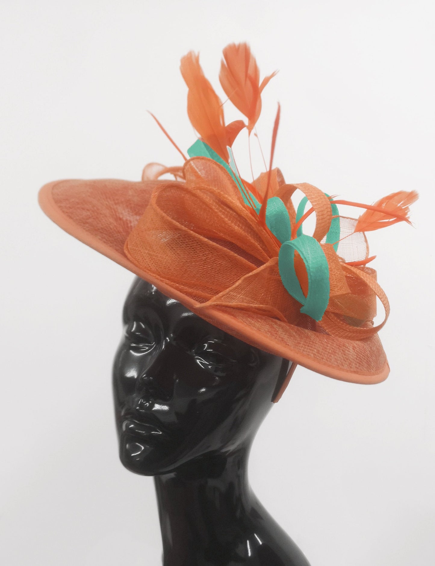 Caprilite Big Saucer Sinamay Orange & Light Turquoise Mixed Colour Fascinator On Headband