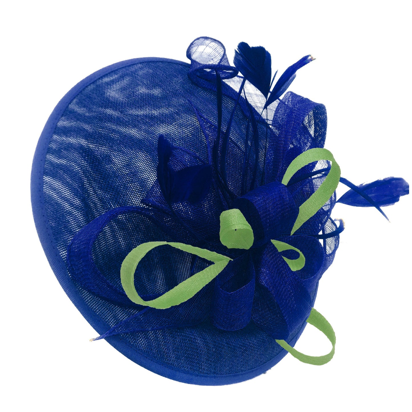 Caprilite Big Saucer Sinamay Royal Blue & Lime Green Mixed Colour Fascinator On Headband
