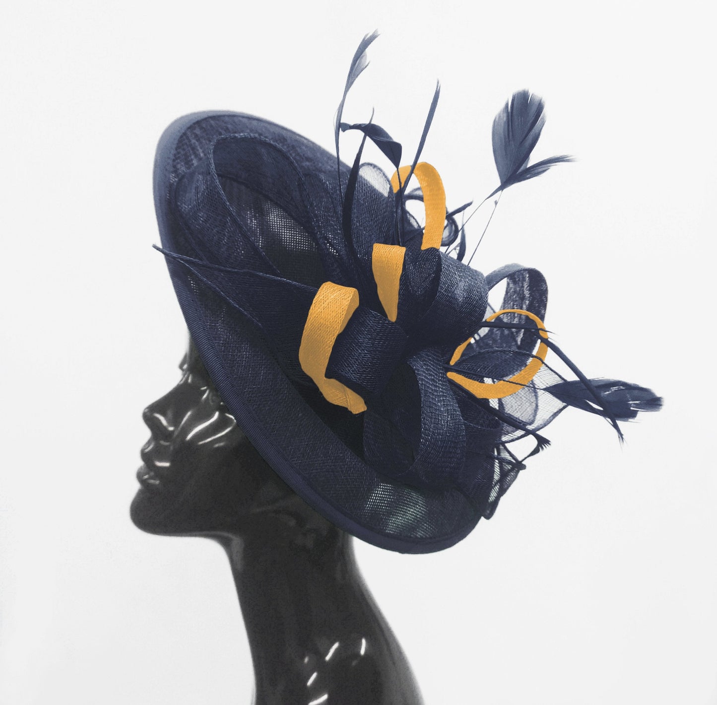 Caprilite Big Saucer Sinamay Navy Blue & Mustard Gold Mixed Colour Fascinator On Headband