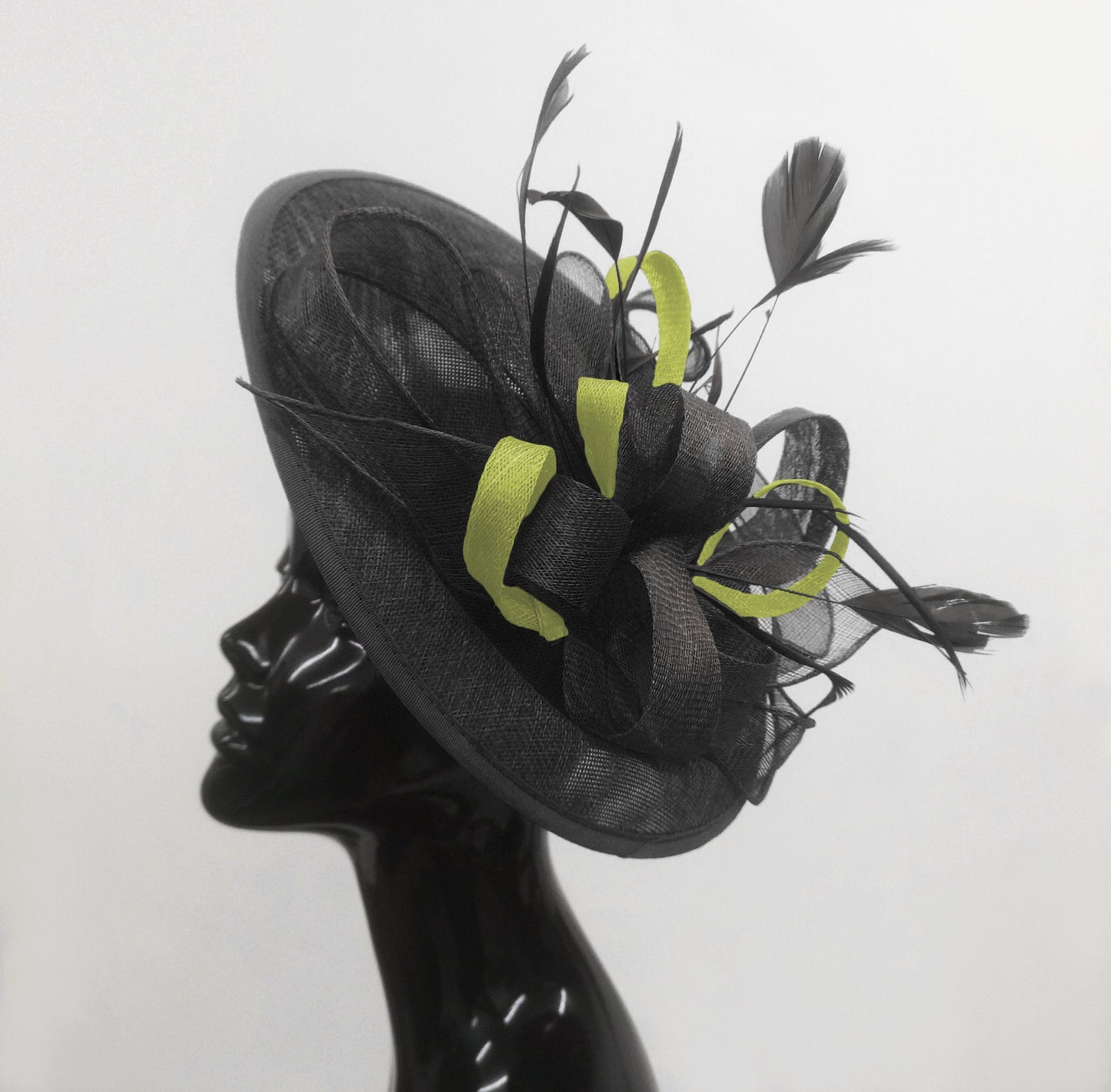 Caprilite Big Saucer Sinamay Black & Lime Green Mixed Colour Fascinator On Headband