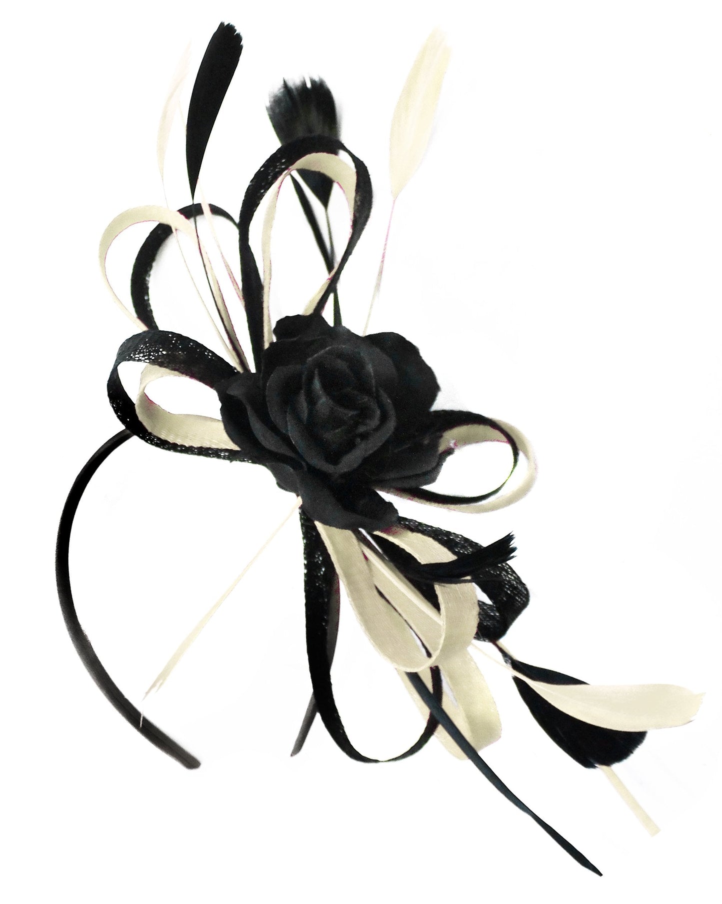 Caprilite Sinamay Rose Black and Cream Ivory Fascinator on Headband Alice Band UK Wedding Ascot Races Loop