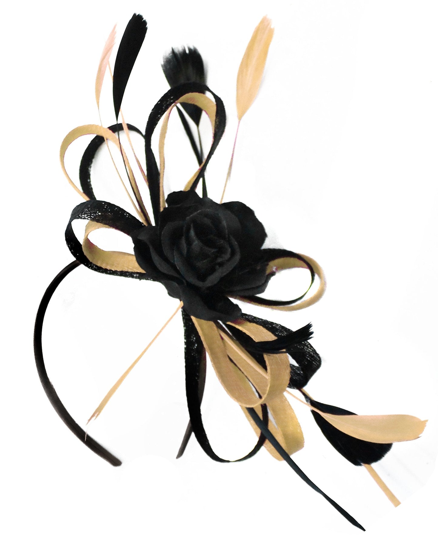 Caprilite Sinamay Rose Black and Light Mustard Gold Fascinator on Headband Alice Band UK Wedding Ascot Races Loop