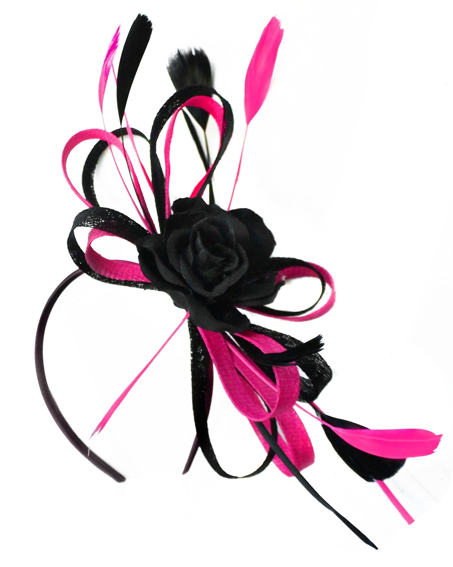 Caprilite Sinamay Rose Black and Fuchsia Hot Pink Fascinator on Headband Alice Band UK Wedding Ascot Races Loop