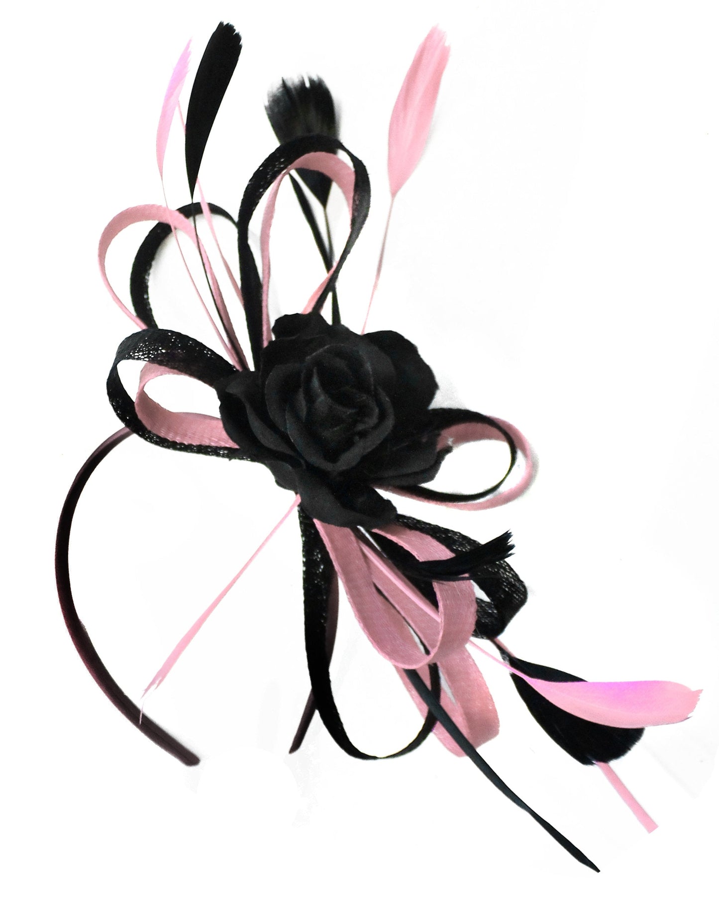 Caprilite Sinamay Rose Black and Dusty Pink Fascinator on Headband Alice Band UK Wedding Ascot Races Loop